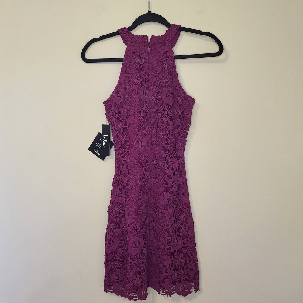 Lulus Magenta Purple Floral Lace Halter Mini‎ Dress XS NWT - Picture 4 of 8
